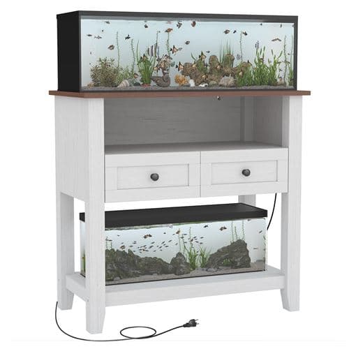Meuble d’aquarium 75-110 L avec station de frais, charge 300kg, Tiroirs et rangements ouverts, poissons, reptiles Blanc