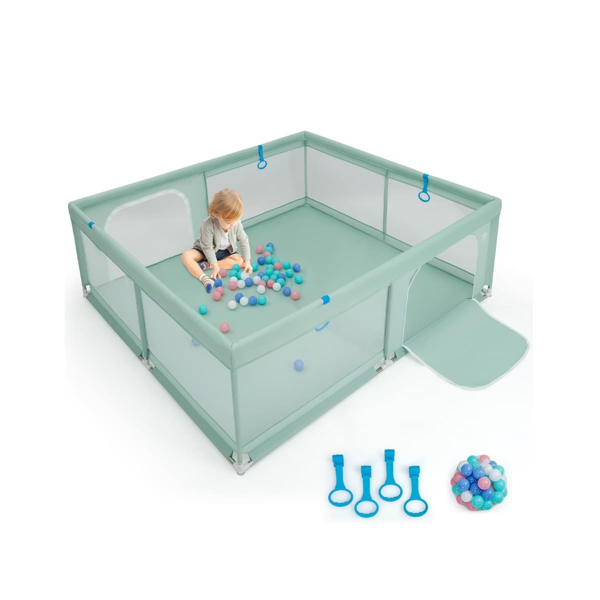 CostwayGrand Parc pour Bébé 200 x 180cm Robuste Maille Douce et Respirante Anneaux pour Les Mains Balles Océaniques Clôture Avec Portes Base